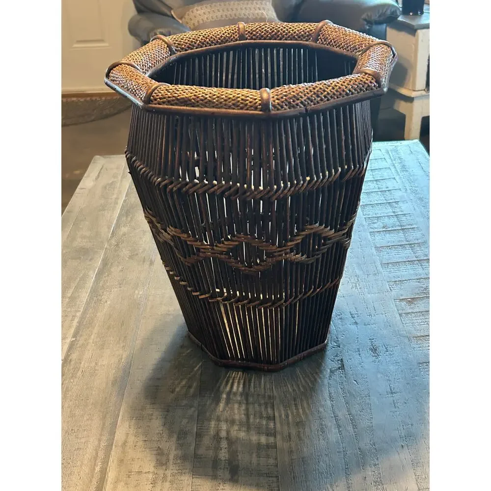Vintage MCM Bamboo Rattan Umbrella Stand Boho Wicker Floor Basket Vase Planter